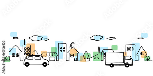 車と街並みのシンプルな手描き線画イラスト　色付き