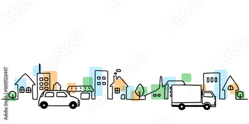 車と街並みのシンプルな手描き線画イラスト　色付き