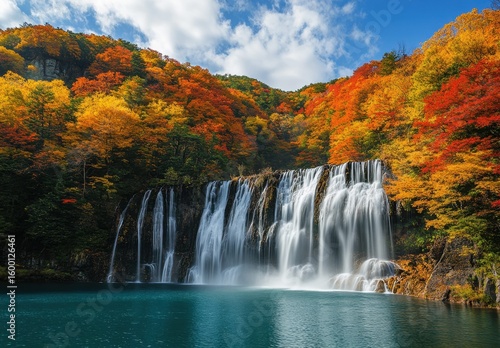 A Tranquil Autumn Scene Featuring a Majestic Waterfall Surrounded by Vivid Fall Foliage and Clear Blue Skies Enhancing Nature's Beauty