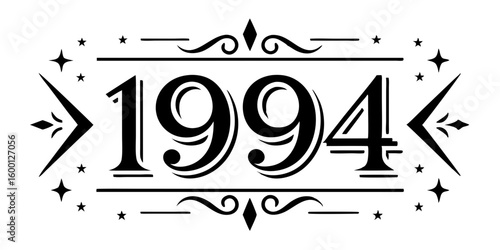 Ornate black numbers nineteen ninety four with decorative elements vector
