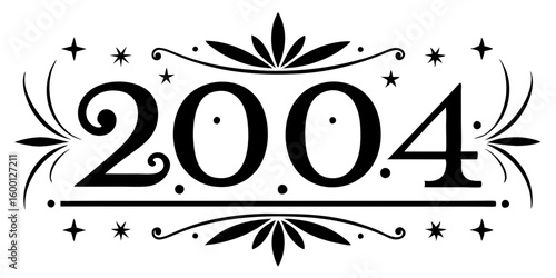 Ornate black numbers twenty zero four with decorative elements year white background