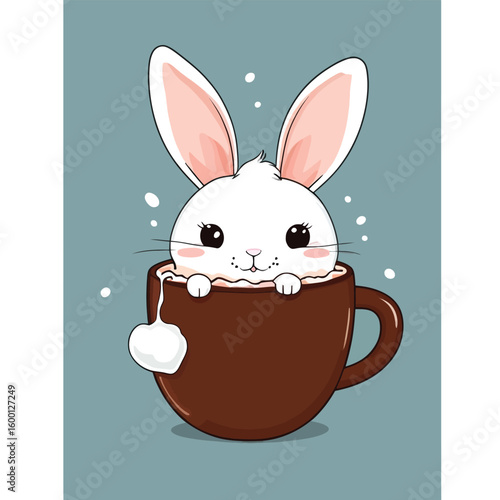 Charming Cartoon Illustration A Cute White Rabbit Nestled Inside A Warm Inviting Brown Teacup With A Dangling Teabag Creating A Cozy And Heartwarming Visual Narrative