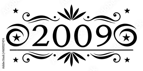Ornate black numbers year twenty oh nine with stars vector