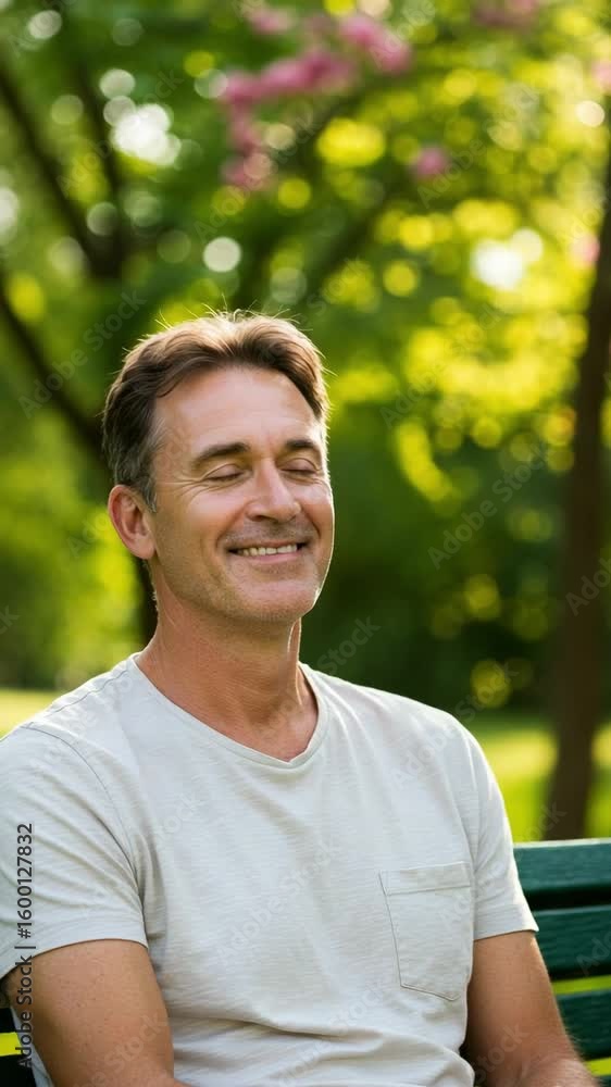 Content mature Caucasian man relaxing outdoors on a sunny day. Man sitting on a park bench feeling serene and stress-free. Content mature Caucasian man relaxing outdoors on a sunny day. Man sitting on a park bench feeling serene and stress-free.