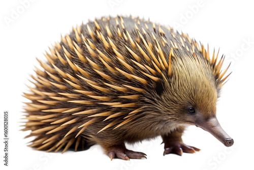 Spiny echidna in close-up showing its sharp quills and small beak, isolated on white background