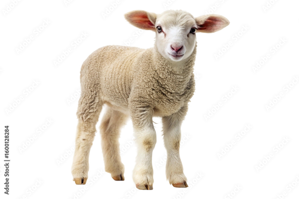 Fototapeta premium Front view of a cute white lamb standing and looking forward on black background