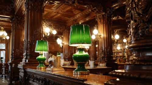 Ornate interior with green lamps