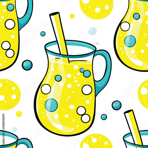 Vibrant Lemonade Pitcher Cartoon Seamless Pattern For Fresh And Summery Designs