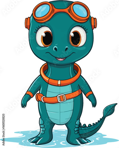 Cute Cartoon Dinosaur Character With Goggles And Gear Perfect For Childrens Illustration And Animated Projects Rendered In A Playful Vibrant Style