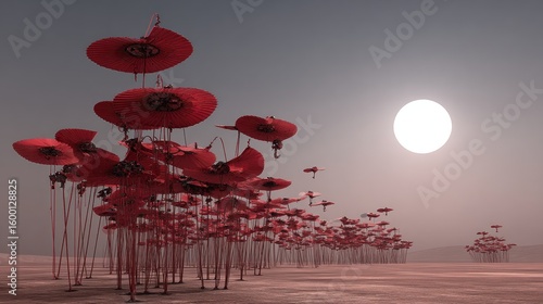 Red flower-like structures on a desert landscape