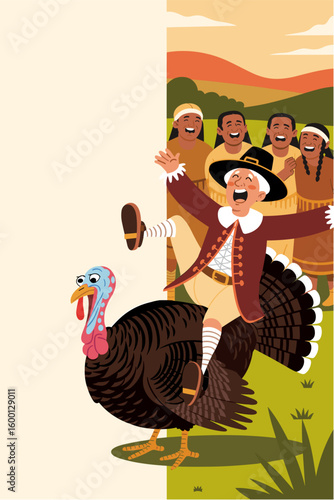 Pilgrim laughing while riding turkey against autumn vector background