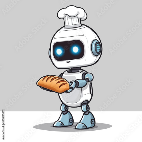 Cartoon Robot Baker Holding Loaf Of Bread Illustration For Automated Food Service Concepts Showcasing A Futuristic Bakery Or Robotic Assistance With A Friendly And Approachable Design Style