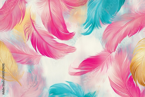 Colorful feather pattern with pink, blue, and gold colors