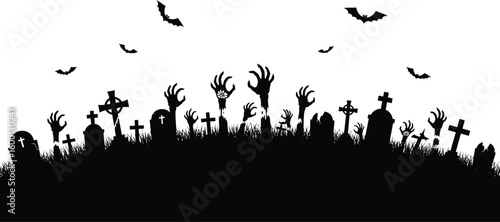 Halloween cemetery scene with zombie hands rising from graves and flying bats