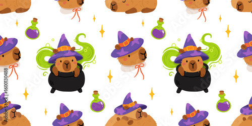 Cute Halloween capybara seamless pattern, spooky cartoon capybaras dressed as mummy, ghost, witch, pumpkin, with gravestone, candles, broom, toilet paper and pumpkins, kawaii animal vector background
