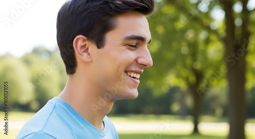 Profile of a young man with dark hair smiling outdoors in a park, wearing a blue shirt, with trees in the blurred background.