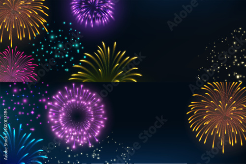 Set of vector banners with realistic multi-colored fireworks on a black background. Explosions of firecrackers with a glow effect, purple, yellow, blue colors with splashes and sparks. Show, party.