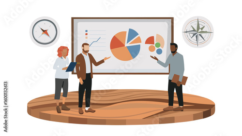 Business team presenting data on a whiteboard with compasses on a wooden platform illustration