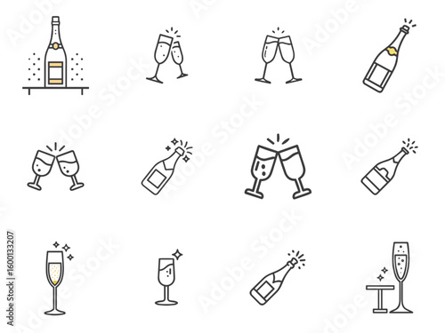 Champagne icon set bottles and glasses for blogs, websites, clipart, celebration, party, menu, bar, educational and awareness materials, presentations