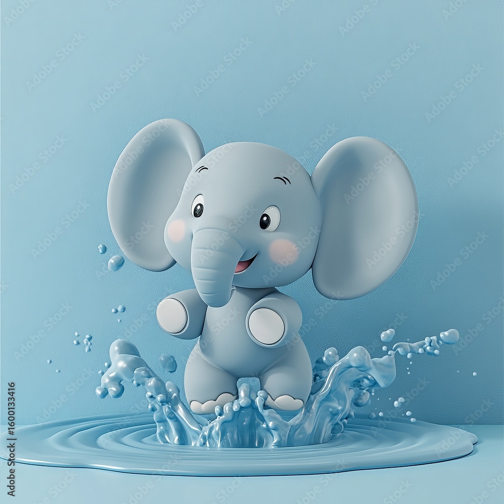 Obraz premium This adorable cartoon elephant splashes in water against a bright blue background, radiating joy and playfulness, perfect for children's themes and projects.