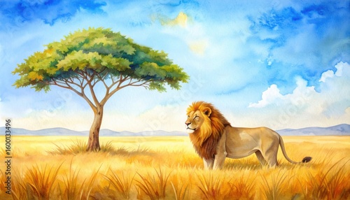 A proud lion standing beside an acacia tree on a sunlit savanna evoking wildl...