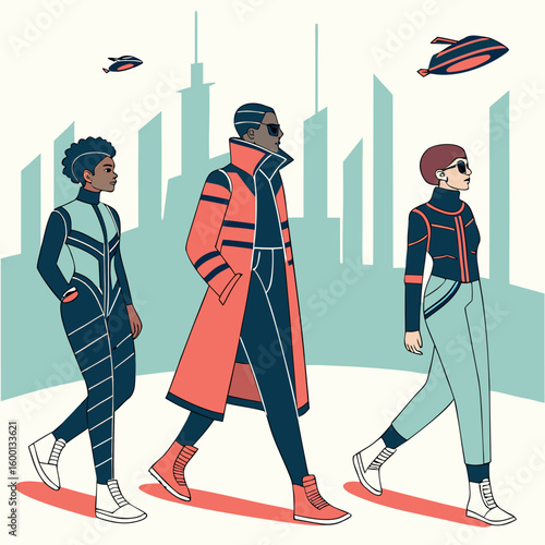 Futuristic Fashion Parade Three Stylish Figures Strolling Confidently Against a Sleek Cityscape Backdrop with Two Flying Vehicles Overhead