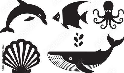 Black marine life silhouettes including dolphin fish octopus whale and shell vector