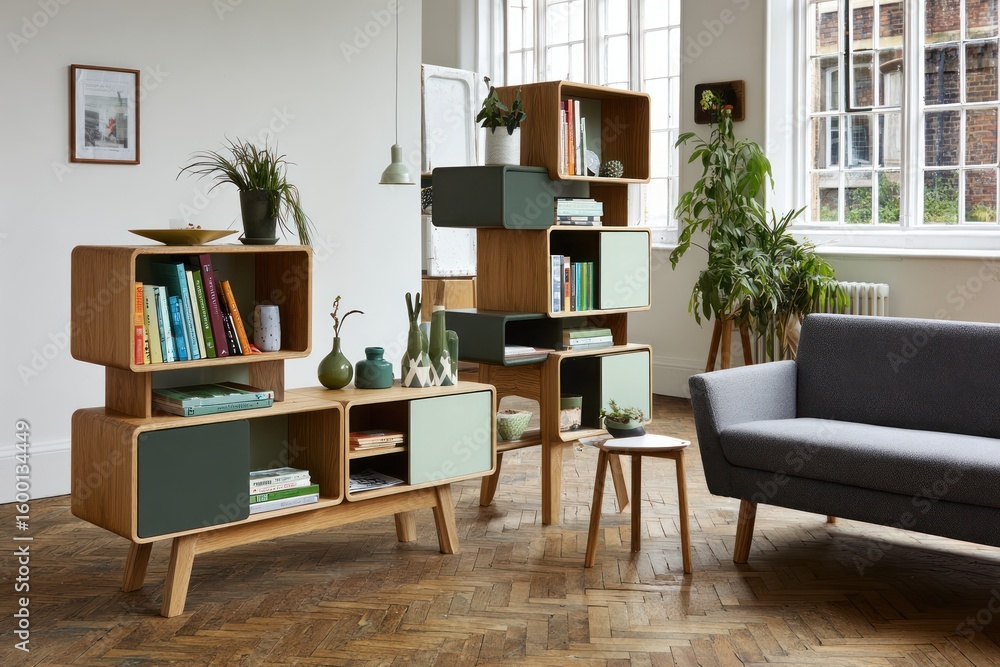 Fototapeta premium Modern wooden shelving unit and sofa in a bright living room.