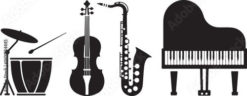 Black silhouette musical instruments drum violin saxophone piano cymbal stick
