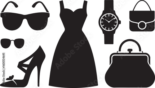Black silhouette of fashion accessories including dress sunglasses shoes and handbags