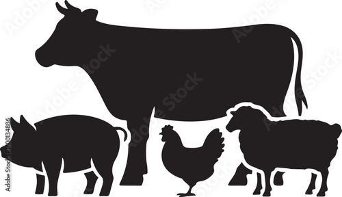 Black silhouettes of farm animals including a cow pig chicken and sheep vector