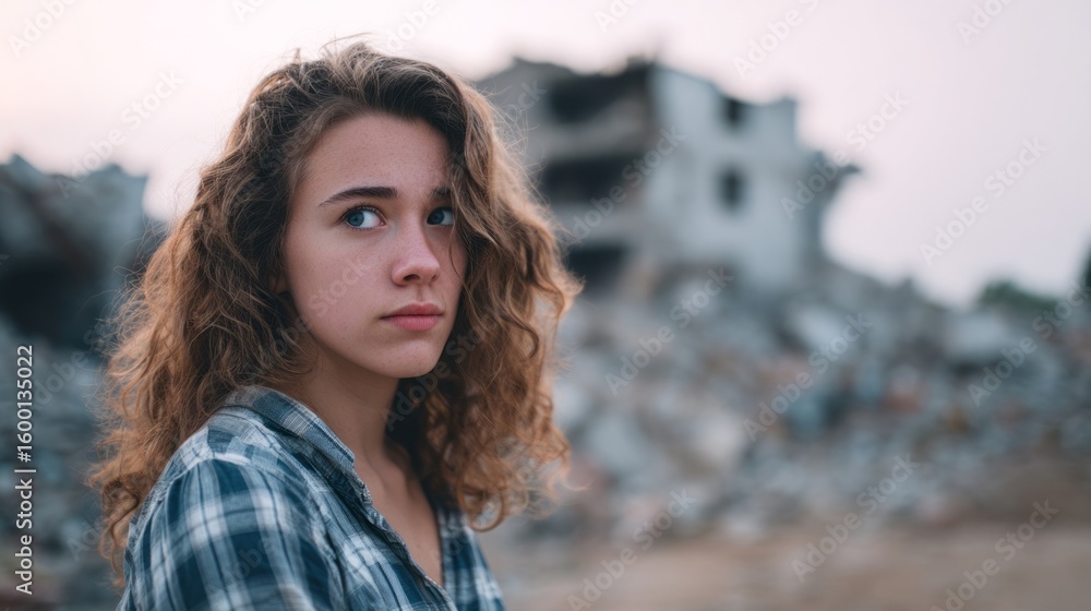 Young Caucasian woman gazes pensively amidst ruinous aftermath, embodying resilience on All Soul's Day; echoes of whispered history Young Caucasian woman gazes pensively amidst ruinous aftermath, embodying resilience on All Soul's Day; echoes of whispered history