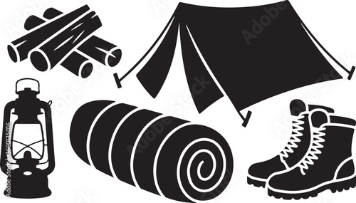 Camping gear including tent logs lantern sleeping bag and boots vector