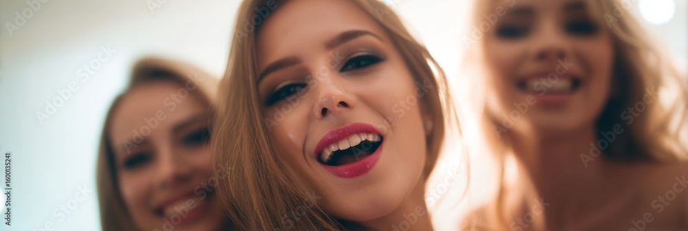 Fototapeta premium Three joyful women, Caucasian and diverse in glamour, celebrate Galentine's Day with luminous smiles and effervescent camaraderie