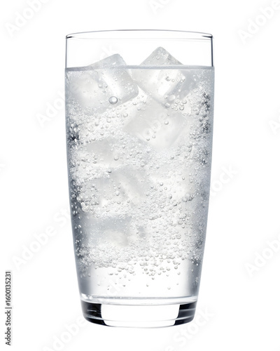 A refreshing tall glass of cold sparkling carbonated water with many ice cubes and rising bubbles, isolated on a clean transparent background PNG.