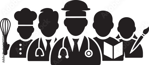 Diverse professionals with tools and books black white