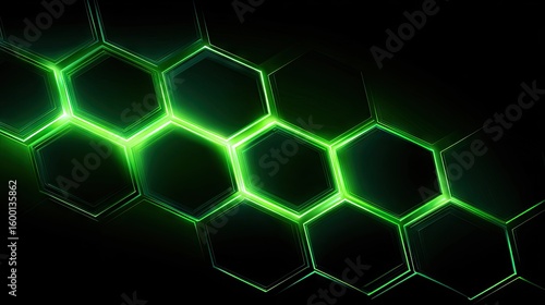 Glowing green hexagons on a dark background.