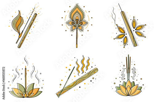 Incense stick icon set for blogs, websites, clipart, meditation, relaxation, spiritual, wellness, educational and awareness materials, presentations