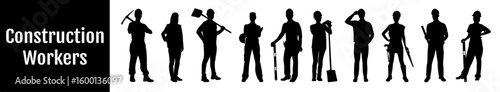 Silhouettes set of workers with helmets. Vector flat style illustration isolated on white