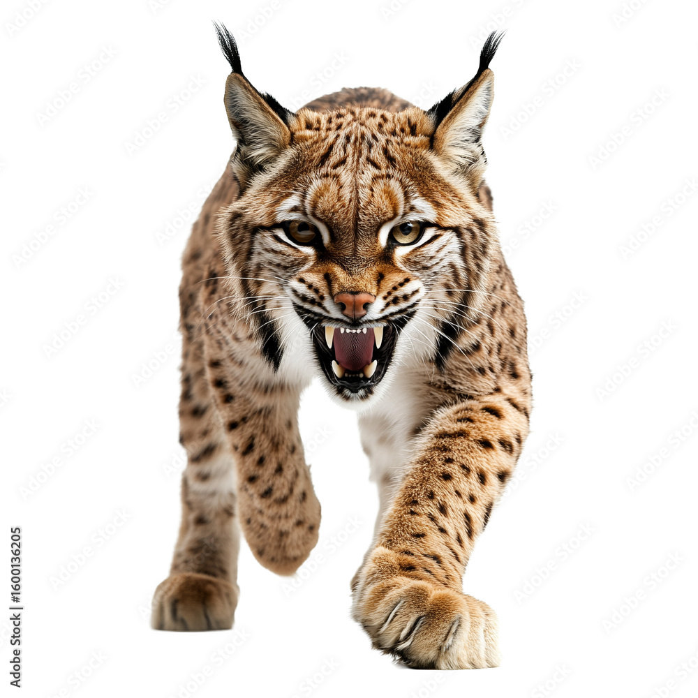 Obraz premium Angry Bobcat PNG Format Isolated on Transparent Background Showing Wildcat Feline Predator in Aggressive Snarl with Sharp Claws and Fierce Eyes – Perfect for Wildlife and Nature Designs