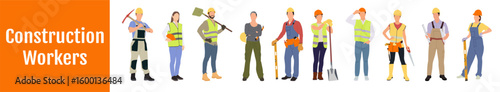 Construction workers set, repair service employees, builders, repairmen and renovation foremen. Male and female characters in uniform with professional tools Isolated line art flat vector illustration