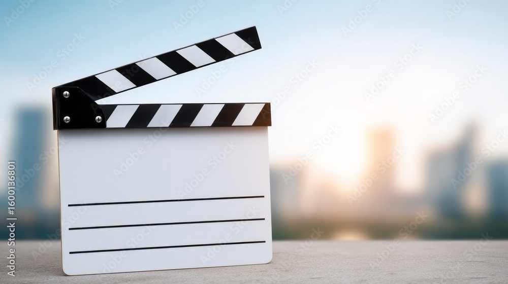Obraz premium Film clapperboard basking in sunrise glow, capturing cinematic zenith moments, evokes World Cinema Day, indie filmmaker's mysterious muse