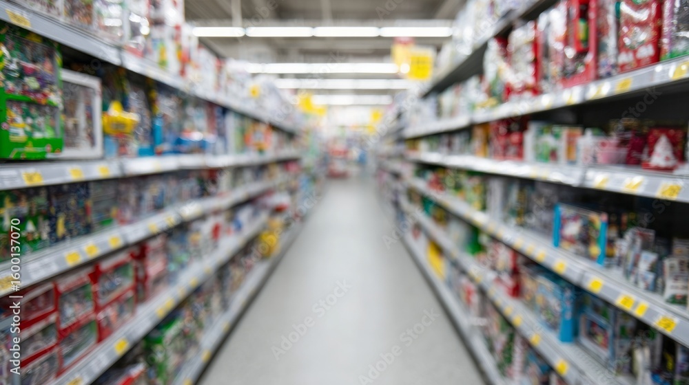 Blurred supermarket aisles stretch endlessly, evoking festive abundance, reminiscent of Black Friday frenzy and Boxing Day Blurred supermarket aisles stretch endlessly, evoking festive abundance, reminiscent of Black Friday frenzy and Boxing Day