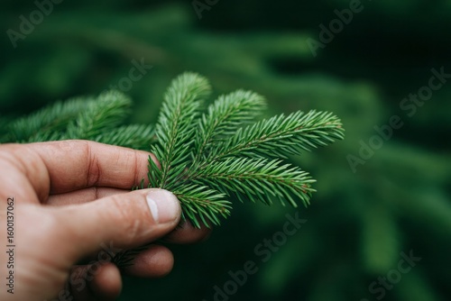 Hand cradling sprightly green pine, Nordic Yuletide whispers, evergreen serenity, male Caucasian, Arbor Day anticipation, tactile forest reverie