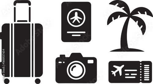 Travel icons suitcase passport camera palm tree ticket vector