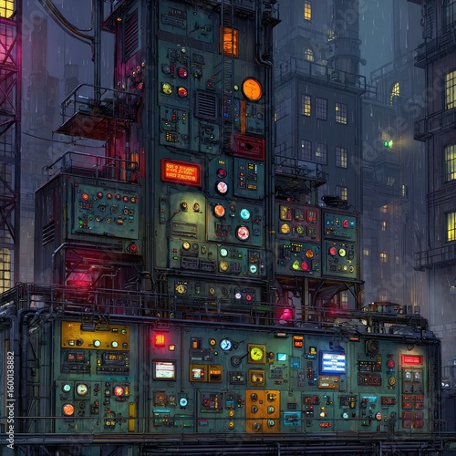 Wallpaper Mural A towering, multi-leveled control panel structure, densely packed with illuminated buttons, switches, and displays, stands in a rain-swept, dimly lit industrial cityscape Torontodigital.ca