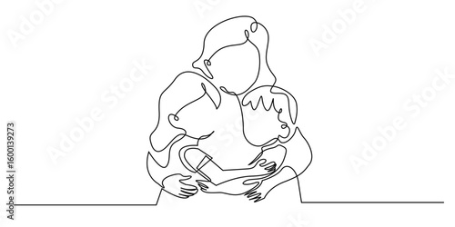 Continuous line drawing of a mother hugging her two children. Minimalist illustration expressing love, family bond, and emotional warmth in a modern line art style