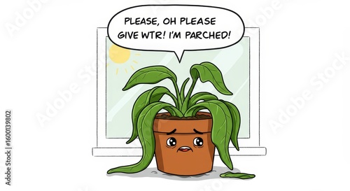 Cartoon illustration of a thirsty potted plant with drooping leaves desperately pleading for water