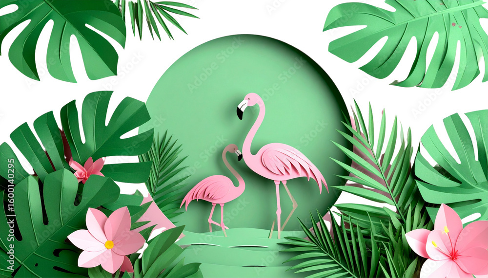 Obraz premium Pink flamingo, floral elements and spring nature illustration isolated on white background 