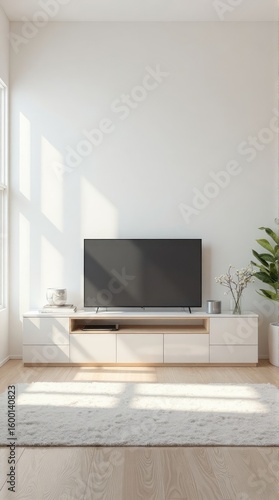 Modern living room interior with a flat screen television and a light beige rug.